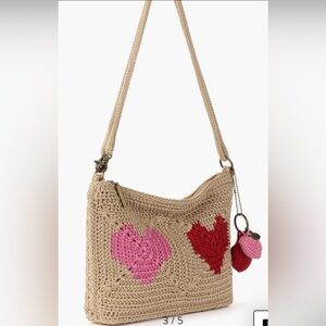 The Sak Beige Crochet Shoulder Bag with Pink and Red Hearts